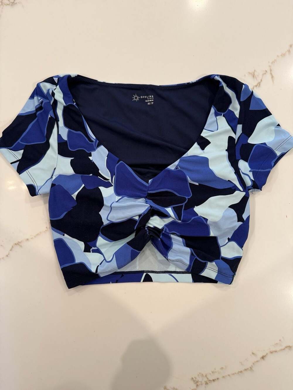 OFFLINE by Aerie Real Me Ruched Crop Top in Blue Patterned